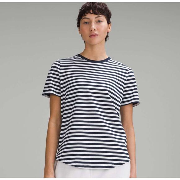 Lululemon Love Crewneck T-Shirt True Navy Stripe White Women's Size 14 - Picture 1 of 4